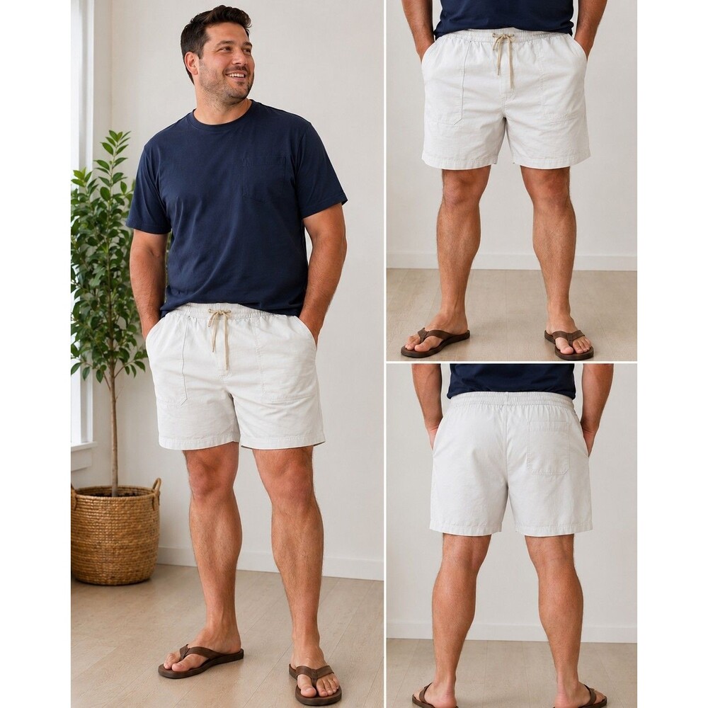 Men's White Drawstring Casual Shorts Elastic Waist Cotton Blend Flat Front 40
